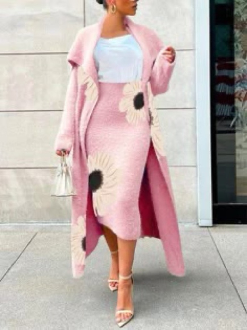NWT Stylewe fuzzy pink long-line cardigan large white and black flower Size 2XL